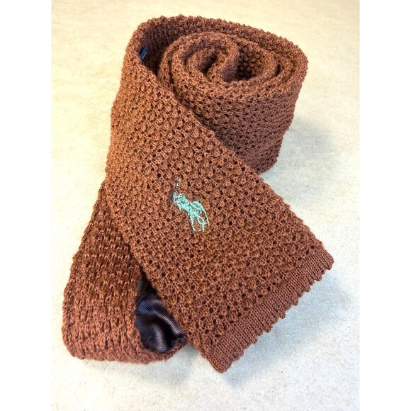 Polo Ralph Lauren Knit Tie Rust Brown 100% Wool Made in Italy Blue Label Vintage